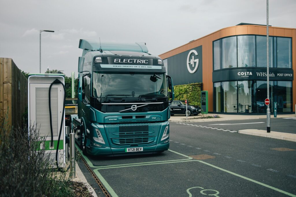 An eHGV truck charging at GRIDSERVE Braintree