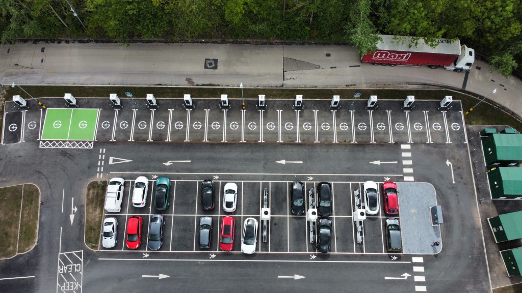 A look down on GRIDSERVE chargers at MOTO Lymm
