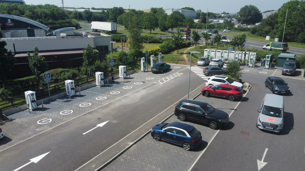 A view across GRIDSERVE charging bays at Solstice Park