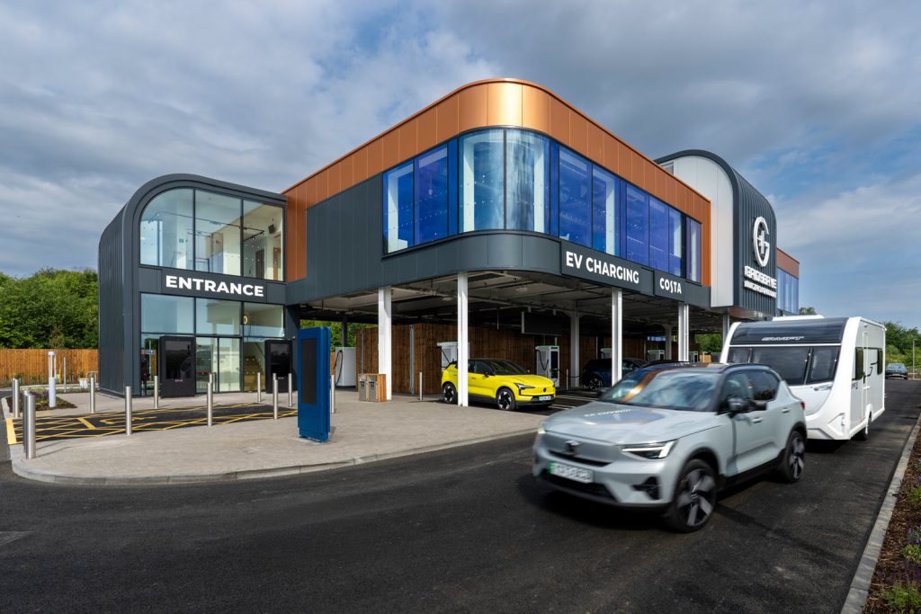 Taking in the curved edges of GRIDSERVE Markham Vale Electric Forecourt