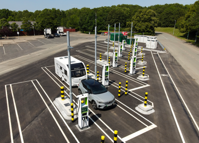Extra-large EV charging bays for electric tow cars and caravans at GRIDSERVE Moto Tamworth