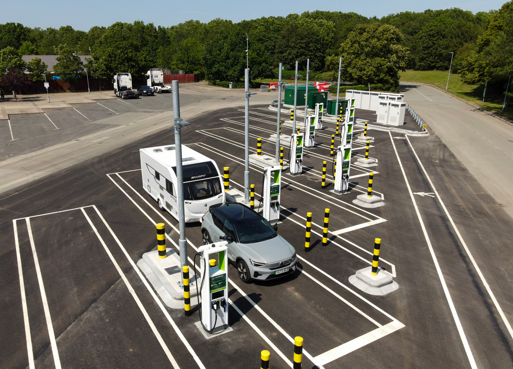 Extra-large EV charging bays for electric tow cars and caravans at GRIDSERVE Moto Tamworth